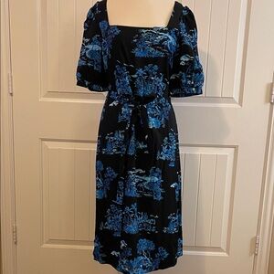 Black and Blue Midi Vacation Print Dress